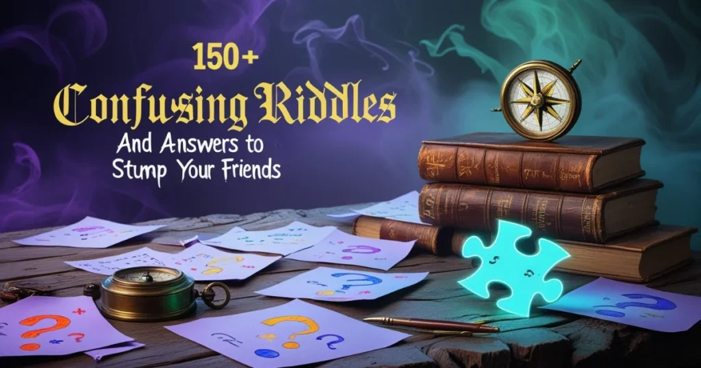 Mystical themed image showcasing "150+ Confusing Riddles" with books, compass, puzzle pieces and question cards on wooden surface