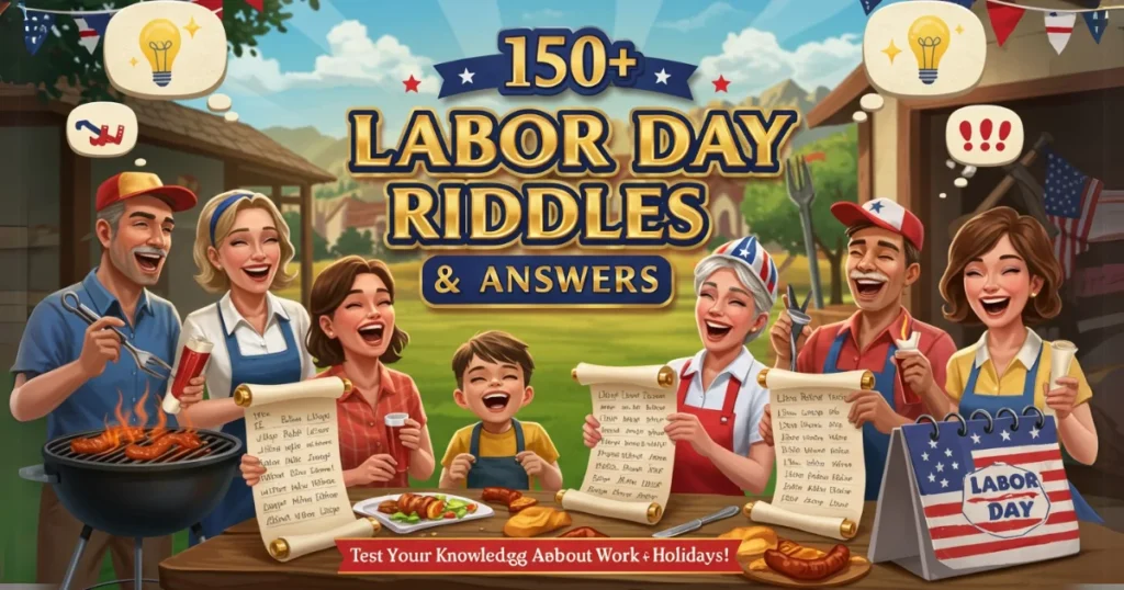 Colorful illustration of happy family celebrating Labor Day with riddle scrolls and barbecue while text reads "150+ Labor Day Riddles & Answers"