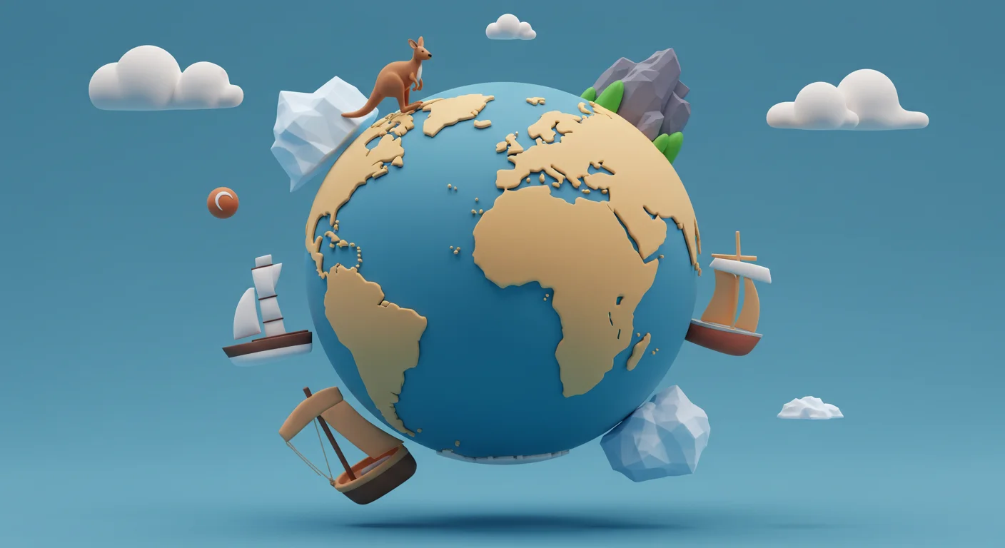 3D stylized globe with continental landmasses, ships, kangaroo, icebergs, and mountains against blue background