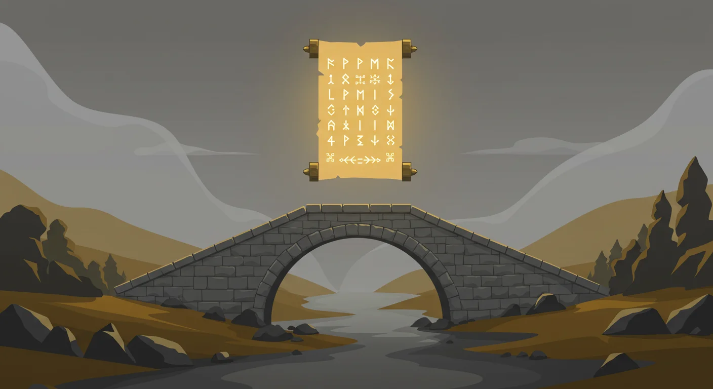 125+ Clever Bridge Riddles: Logical Challenges with Solutions 9 Ancient stone bridge with mysterious scroll containing runic symbols suspended above