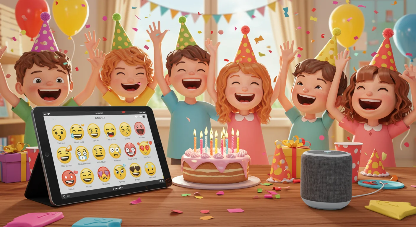 45 Modern Birthday Riddles: Technology and Pop Culture Twists 1 Animated children celebrating at a birthday party with cake, balloons, party hats, a tablet showing emojis, and a smart speaker
