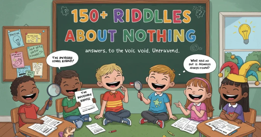 Cartoon illustration of diverse children in a classroom sharing riddles about nothing with a chalkboard displaying "150+ Riddles About Nothing"