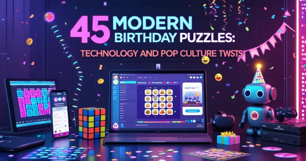 Colorful display of modern birthday riddles and games featuring technology, laptops, smartphones, and a small robot with party hat