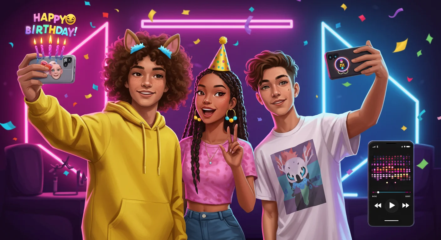 45 Modern Birthday Riddles: Technology and Pop Culture Twists 2 Three teenagers taking selfies at a birthday party with neon lights, party hats, and smartphones