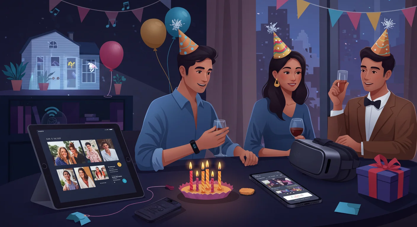 45 Modern Birthday Riddles: Technology and Pop Culture Twists 3 Adults celebrating a birthday with a hybrid party featuring in-person guests and virtual attendees on a tablet screen