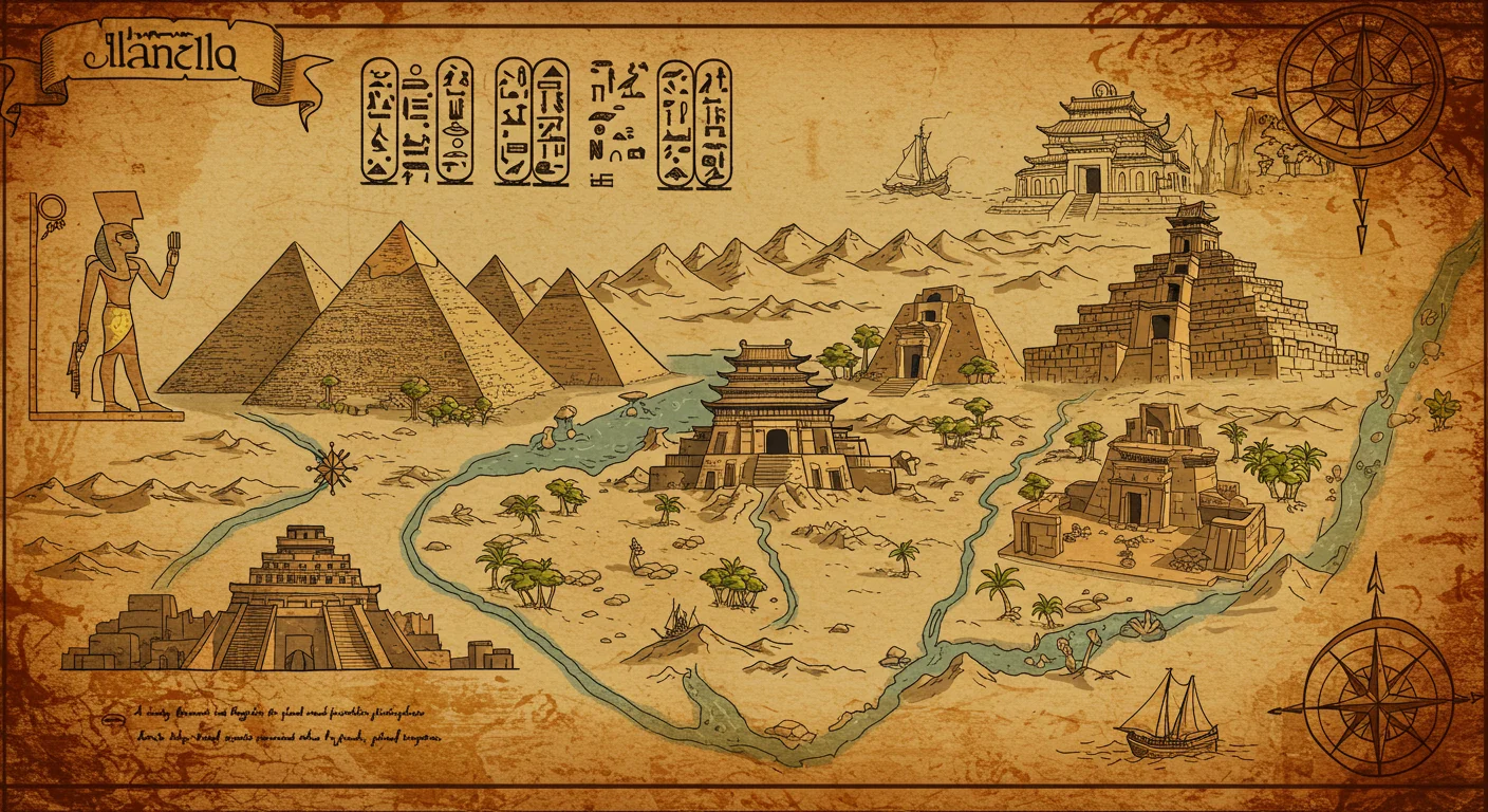 Illustrated ancient map showing Egyptian pyramids, Asian pagodas, and Mesoamerican temples connected by rivers on aged parchment