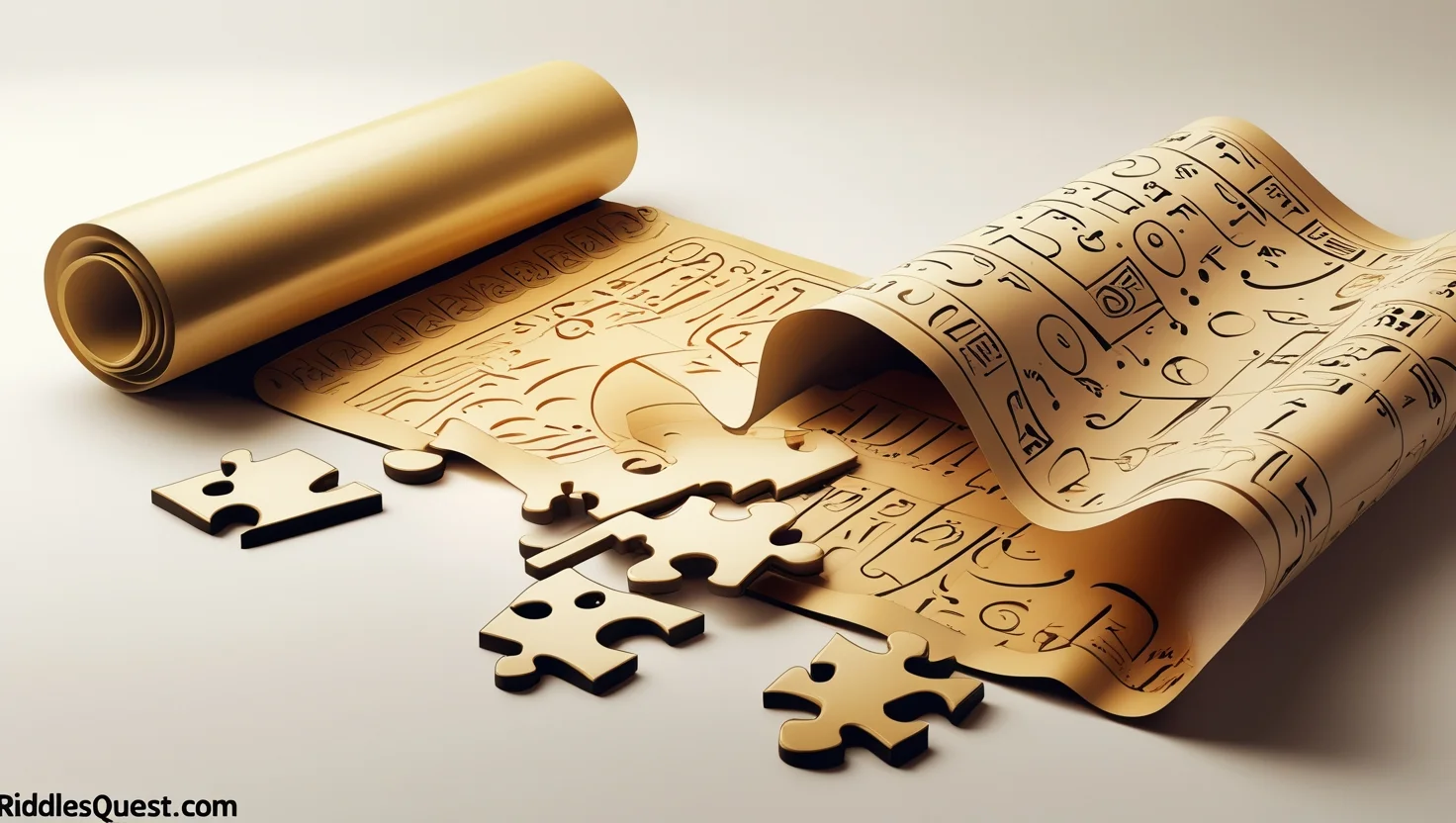 Partially unrolled golden scroll with hieroglyphic-like symbols and puzzle pieces cut from its surface