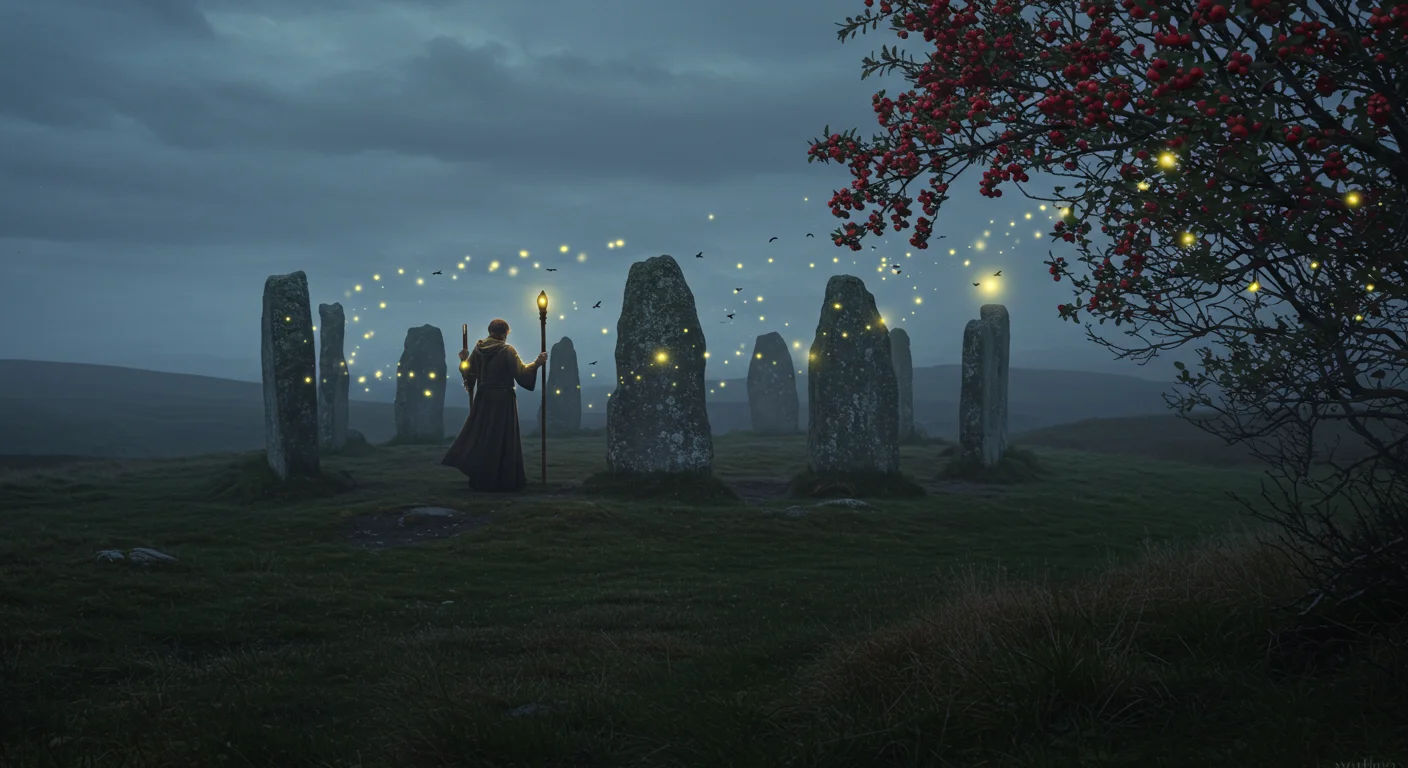 125+ Irish Riddles & Answers: Fun, Folklore, and Celtic Puzzles 4 Figure in a cloak with staff standing among ancient standing stones with magical lights at dusk