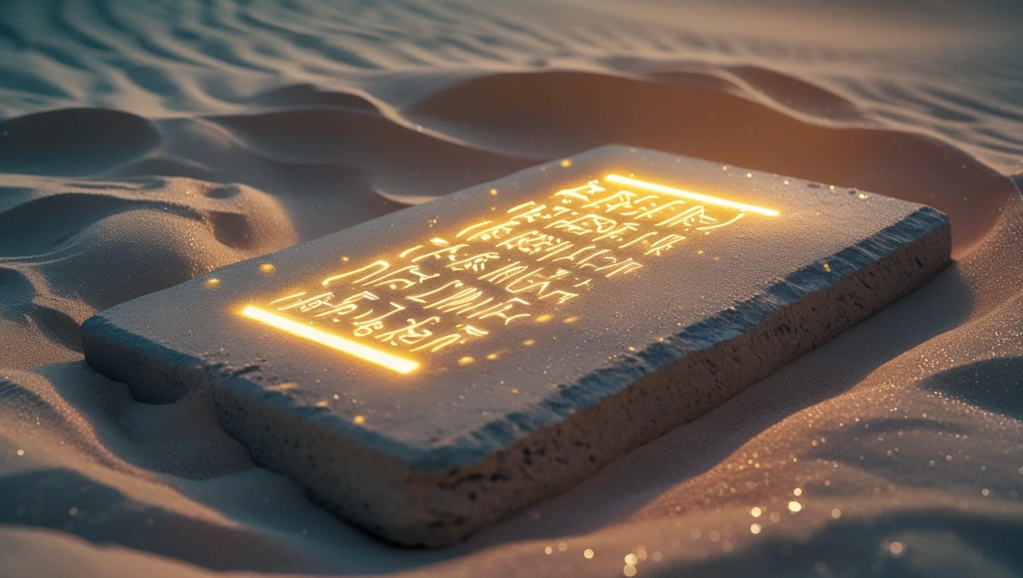 200+ Mysterious Riddles: Enigmatic Challenges with Answers 1 Ancient stone tablet with glowing hieroglyphics resting in desert sand