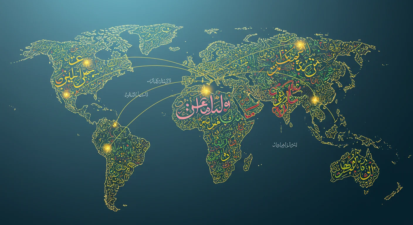 World map created with golden Arabic calligraphy on teal background showing global connections