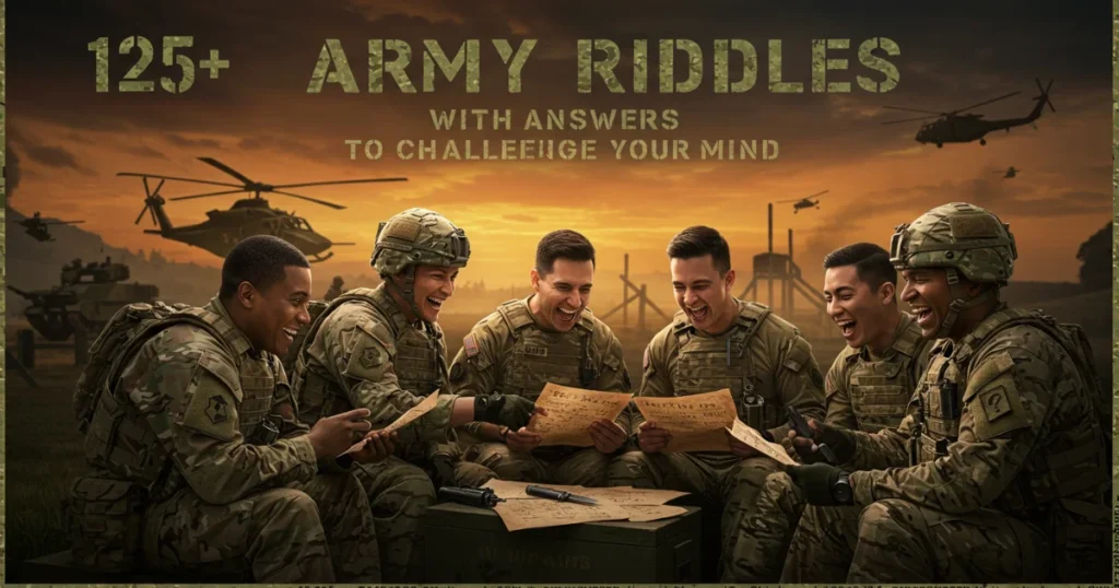 Group of soldiers laughing and sharing army riddles during sunset with helicopters in background