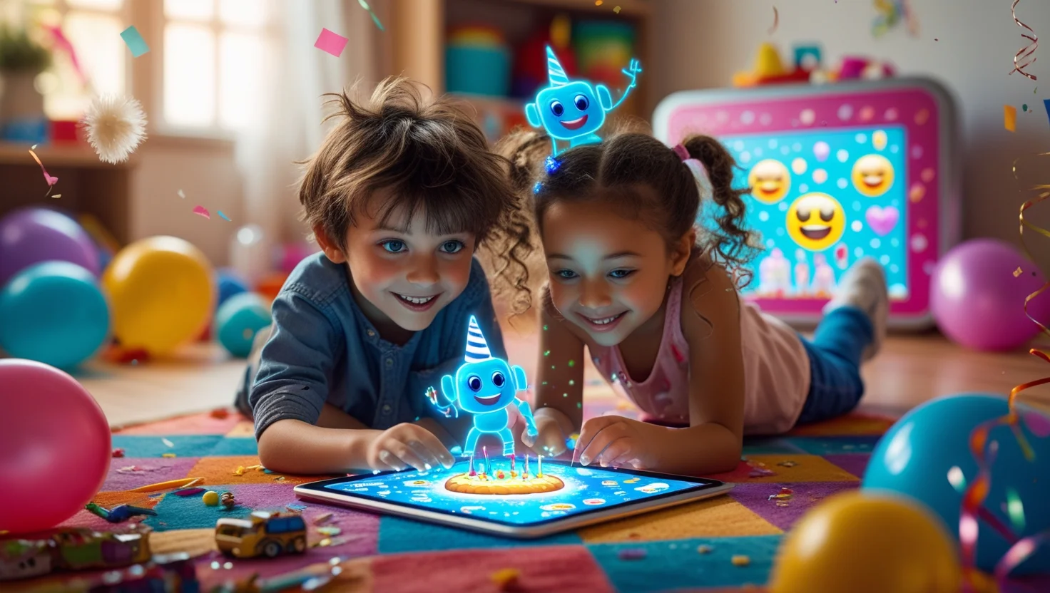45 Modern Birthday Riddles: Technology and Pop Culture Twists 4 Two children smiling while playing with an augmented reality blue robot character on a tablet