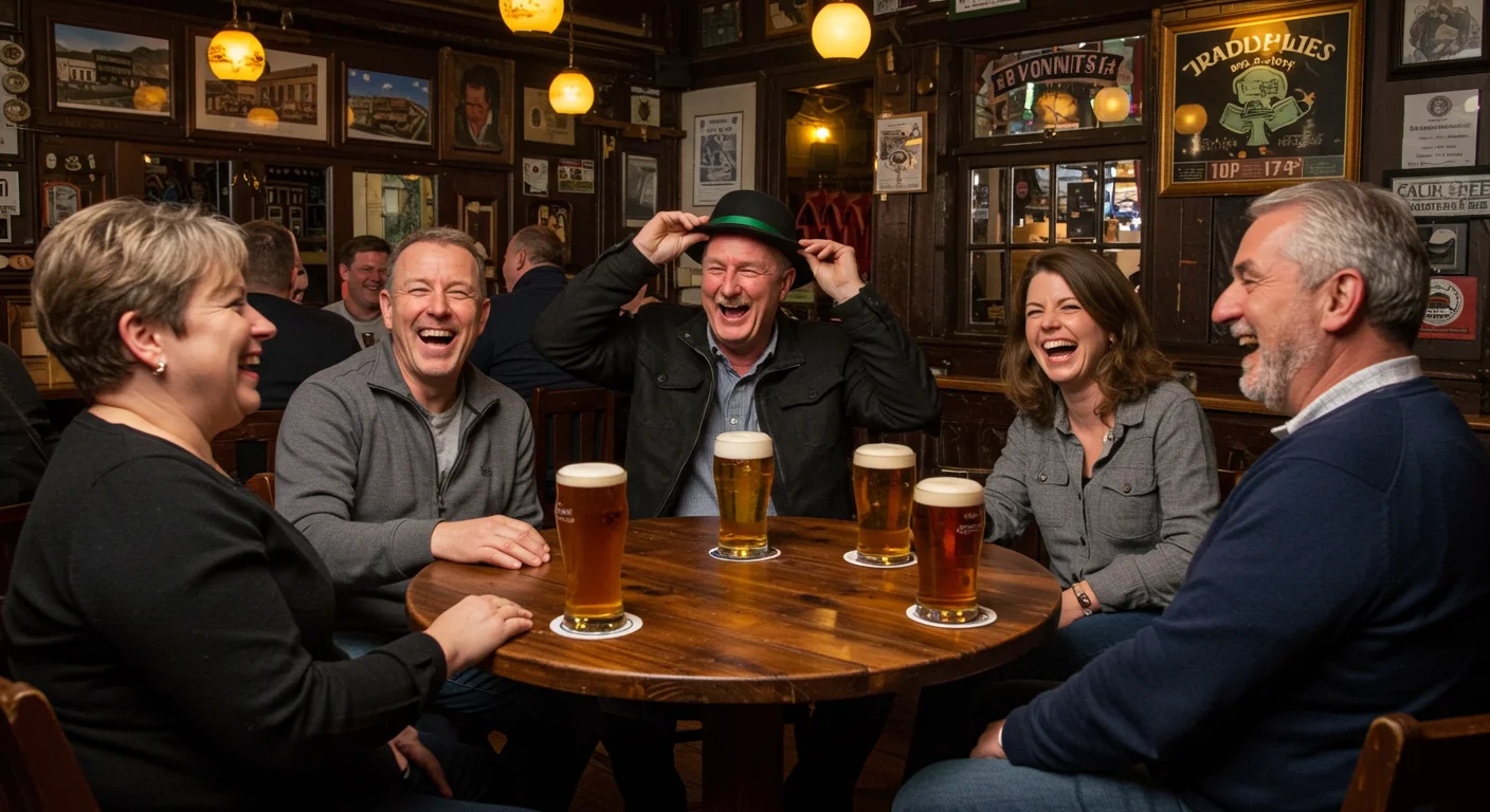 125+ Irish Riddles & Answers: Fun, Folklore, and Celtic Puzzles 2 Group of friends laughing at a wooden table with pints of beer in traditional Irish pub with memorabilia on walls