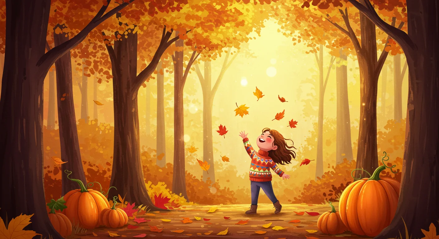 Young girl in colorful sweater playing with falling autumn leaves in a golden forest with pumpkins