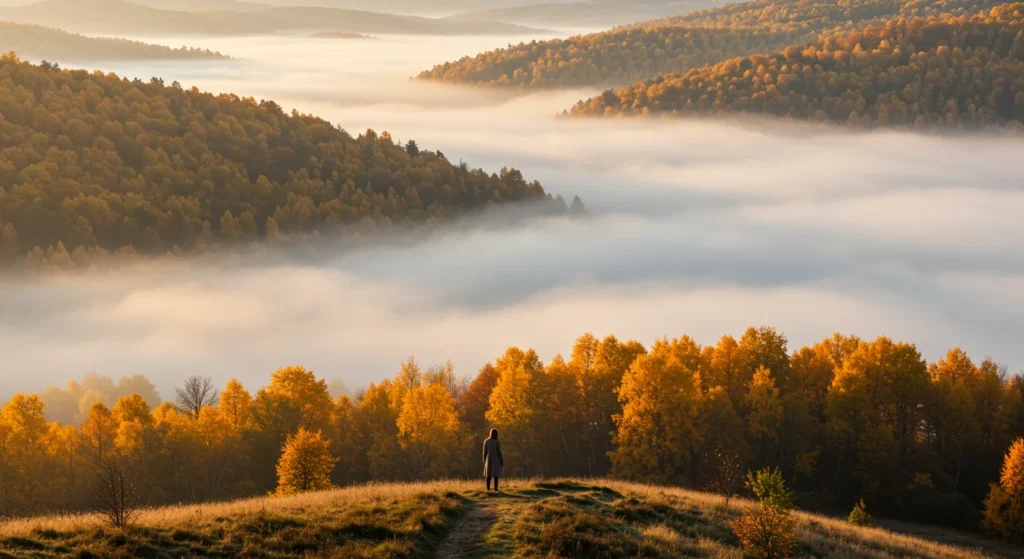 Person standing on hilltop overlooking foggy valley with golden autumn forests