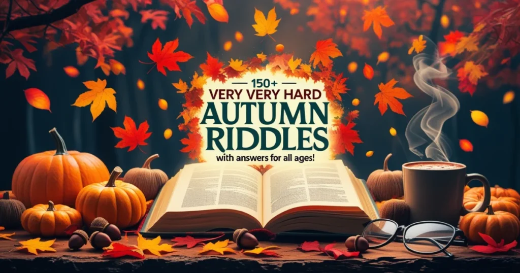 150+ Very Very Hard Autumn Riddles with falling maple leaves, open book, pumpkins, and steaming coffee