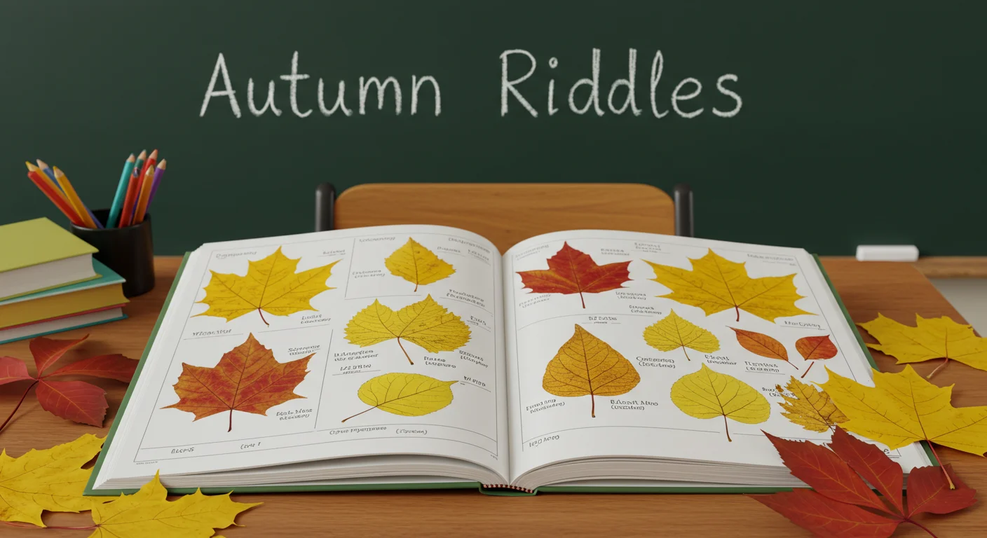 Open book displaying various autumn leaves with identification labels on classroom desk