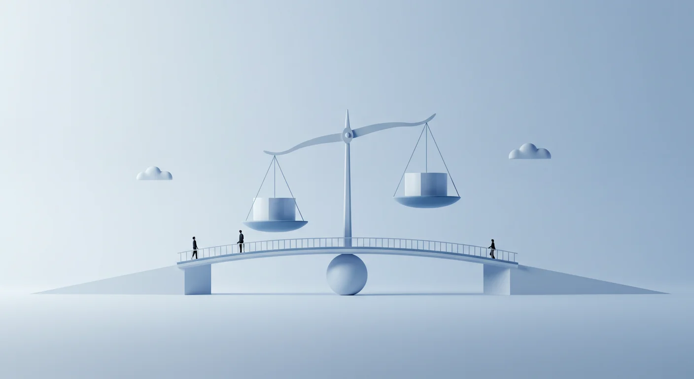 125+ Clever Bridge Riddles: Logical Challenges with Solutions 4 Minimalist blue illustration of scales of justice balanced on a bridge