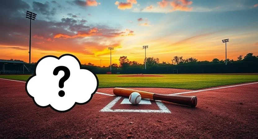 125+ Baseball Riddles with Answers for Fans of All Ages 3 Baseball bat and ball at home plate on field during dramatic sunset with stadium lights