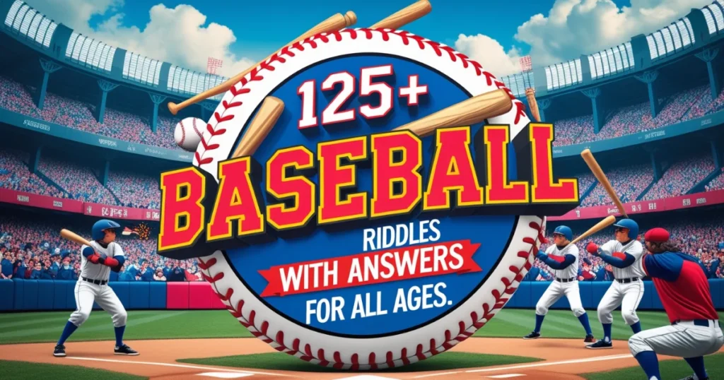 125+ Baseball Riddles with Answers for All Ages logo featuring baseball bats, ball and players in a stadium setting