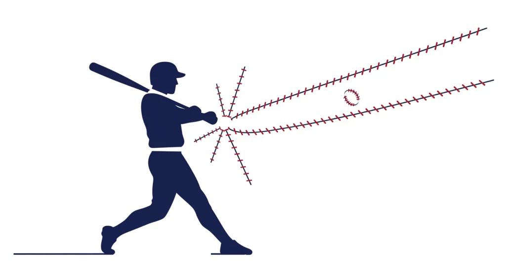 125+ Baseball Riddles with Answers for Fans of All Ages 6 Navy blue silhouette of baseball batter with red stitching showing ball trajectory