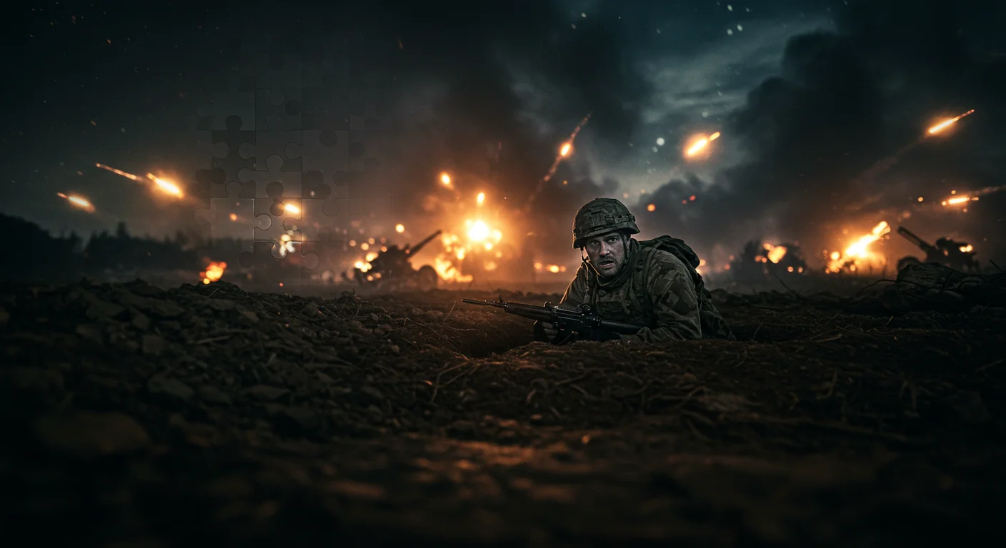 125+ Army Riddles with Answers to Challenge Your Mind 4 Soldier taking cover during nighttime battle with explosions in background
