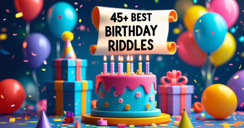 Colorful birthday cake with candles surrounded by balloons and presents with text saying 45+ Best Birthday Riddles