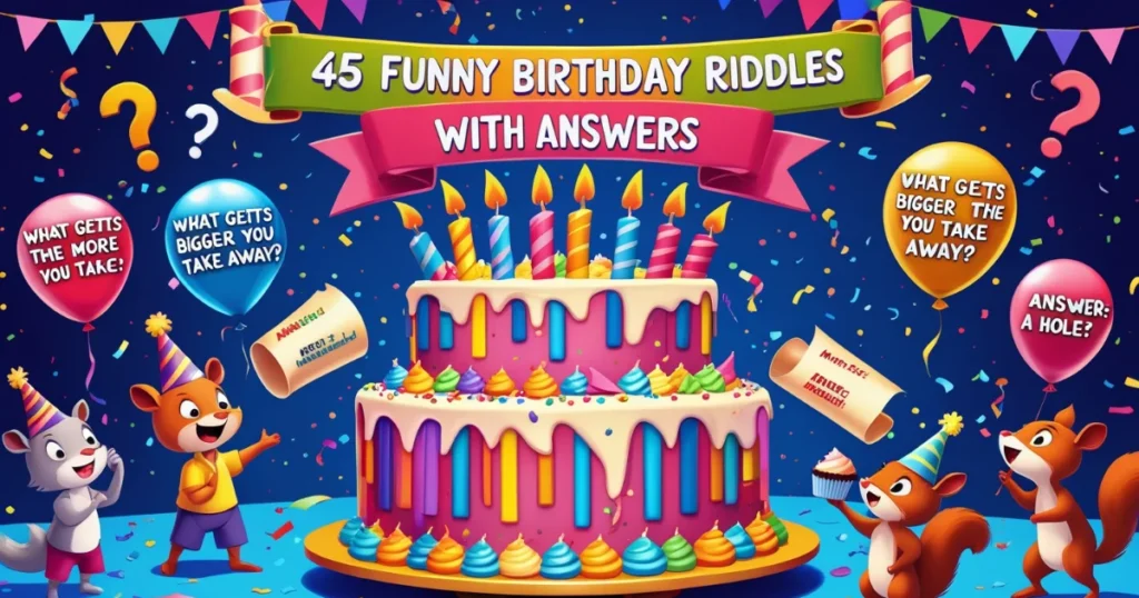 Colorful graphic showcasing a collection of 45 funny birthday riddles with answers on balloons and a festive cake