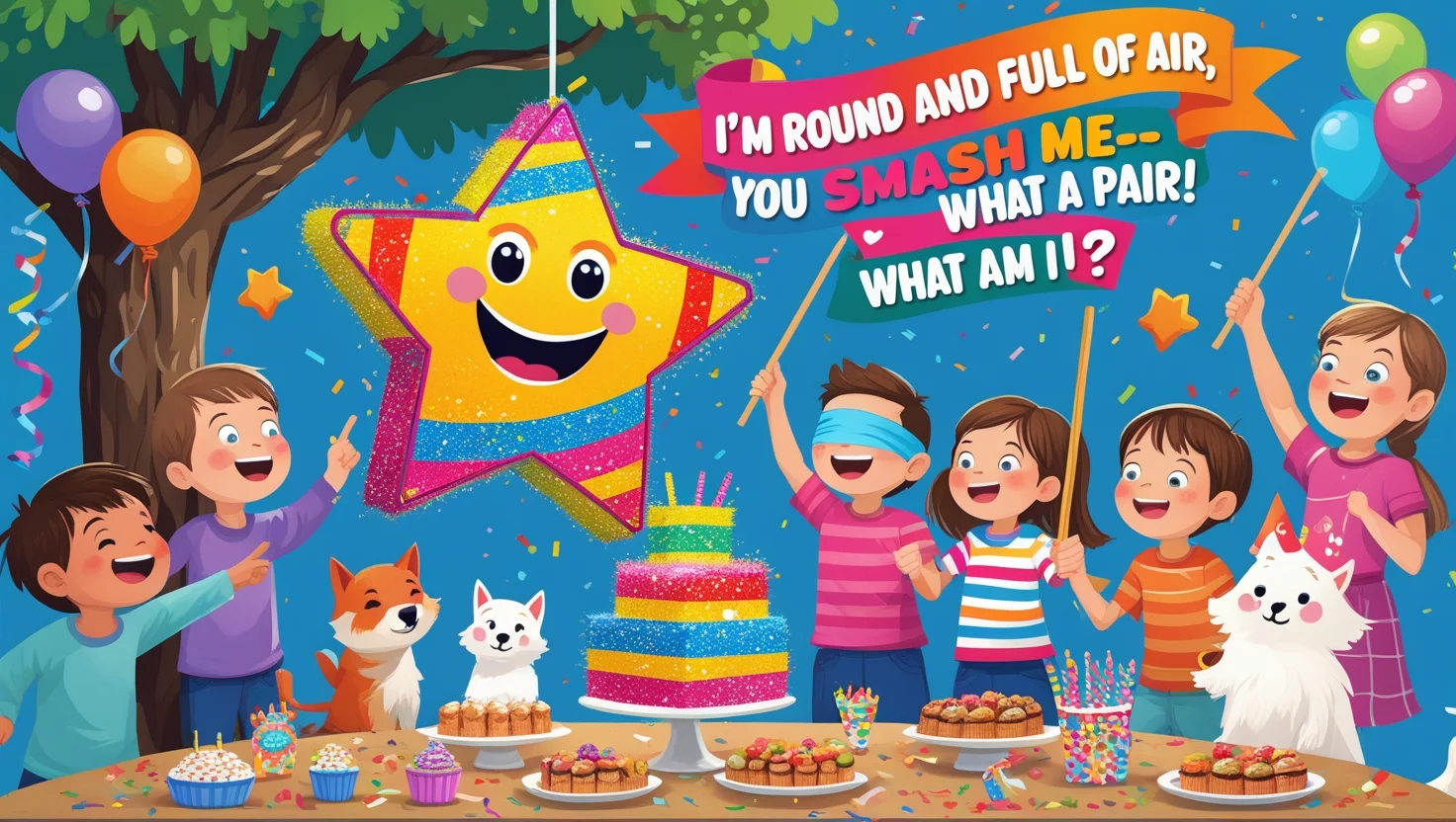 45 Funny Birthday Riddles with Answers for All Ages 2 Colorful illustration of children at a birthday party with a star piñata riddle about balloons