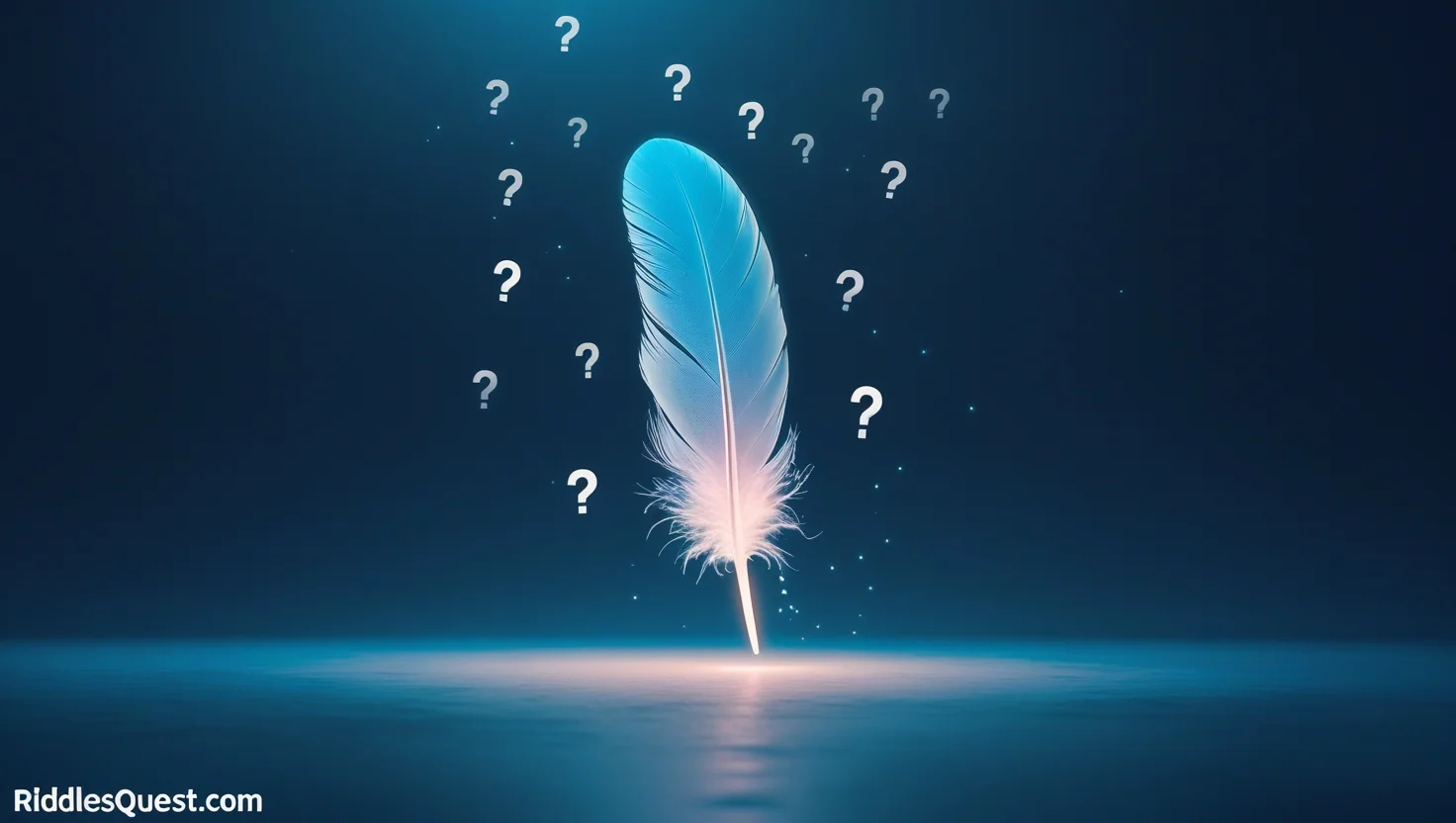 200+ Mysterious Riddles: Enigmatic Challenges with Answers 2 Blue feather surrounded by floating question marks on dark background