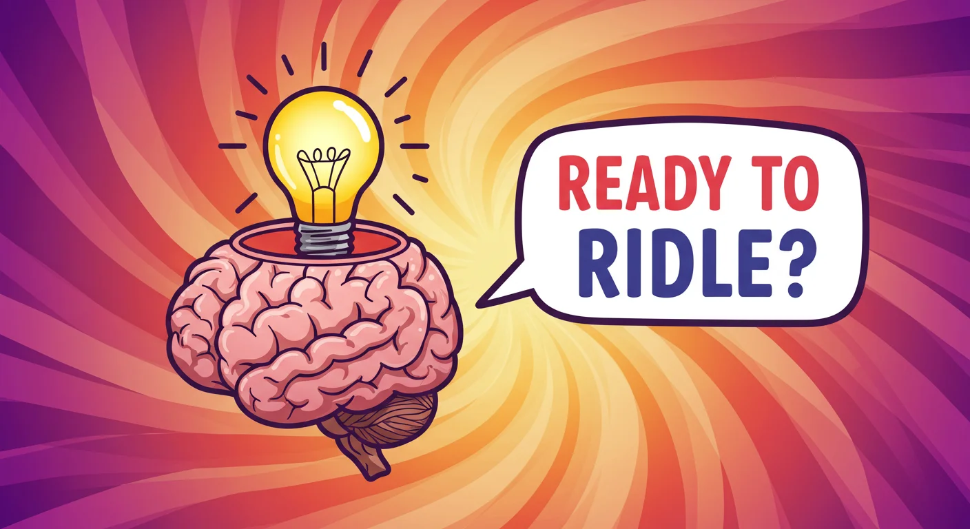 Cartoon brain with lightbulb and speech bubble saying "READY TO RIDLE?"