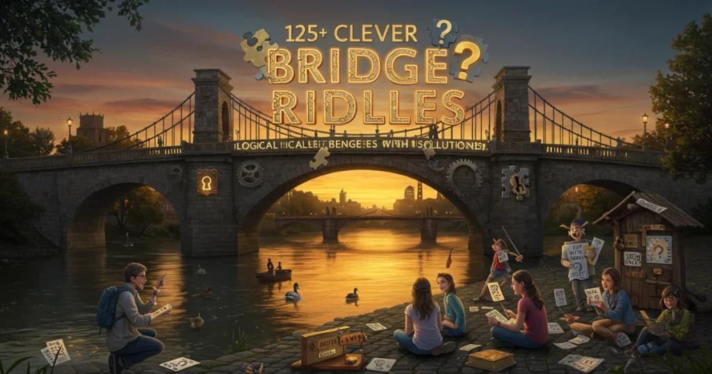 125+ clever bridge riddles with solutions featuring people solving puzzles by a stone bridge at sunset