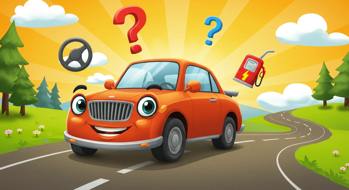 150+ Fun Car Riddles with Answers to Solve On the Go 1 Cartoon orange car with smiling face wondering about fuel and maintenance on a sunny road