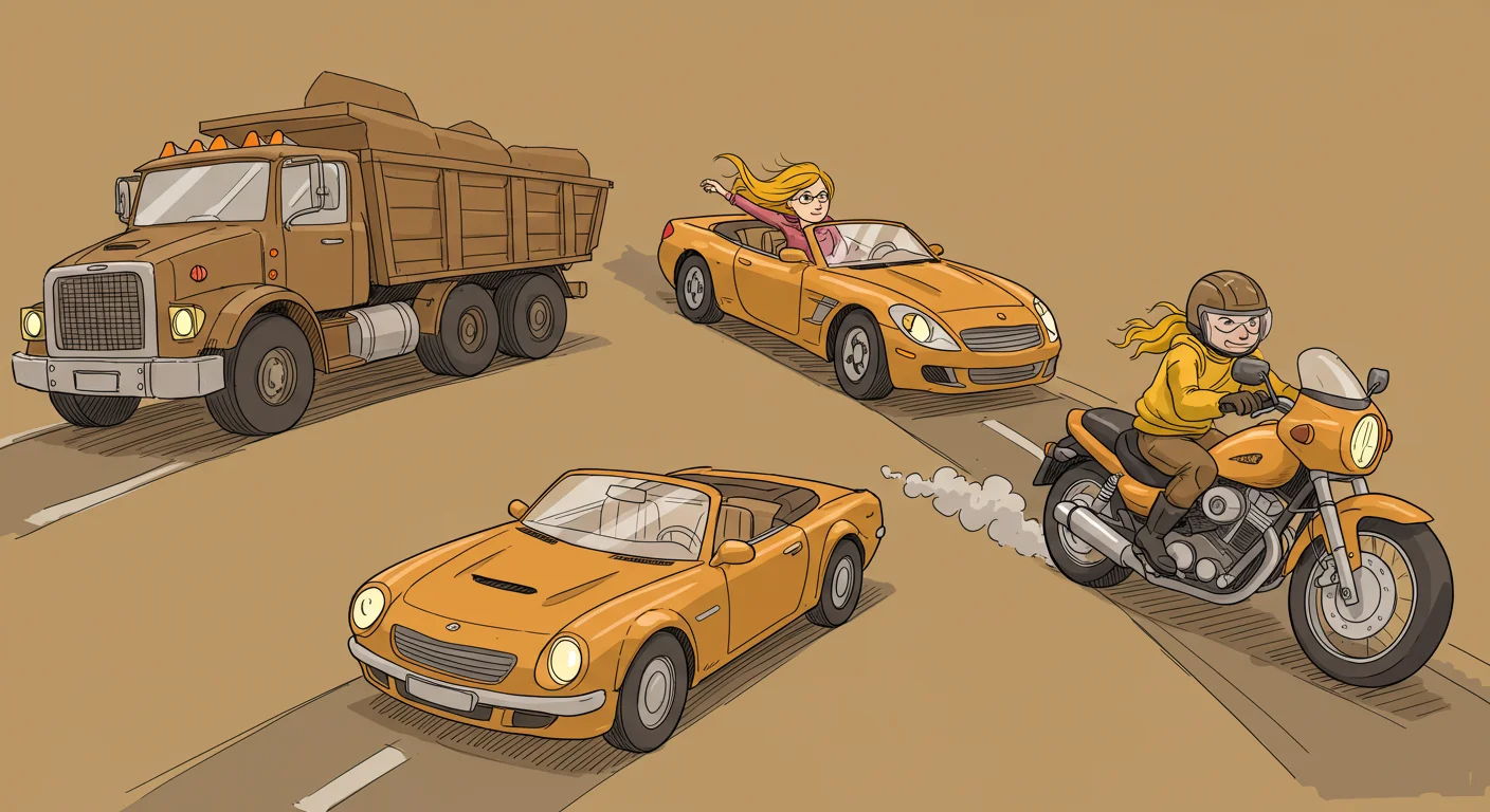 150+ Fun Car Riddles with Answers to Solve On the Go 10 Illustrated orange sports cars and motorcycle with dump truck on desert highway