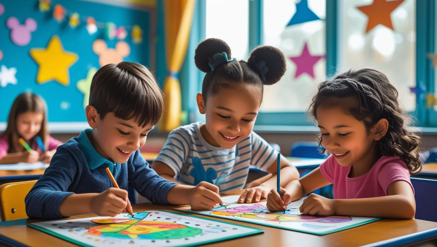150+ Disney Riddles: The Ultimate Collection of Disney Riddles 2 Three diverse children smiling while coloring together at a table in a colorful classroom