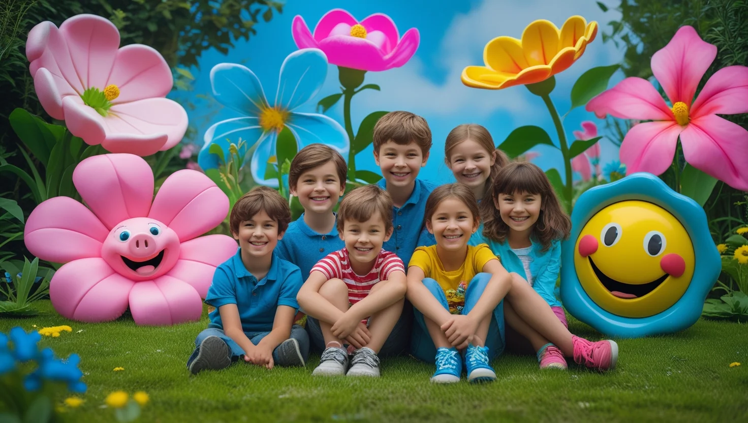 125+ Flower Riddles & Answers: Solved With Blooming Wisdom 3 Group of smiling children sitting on grass surrounded by oversized colorful cartoon flowers with faces