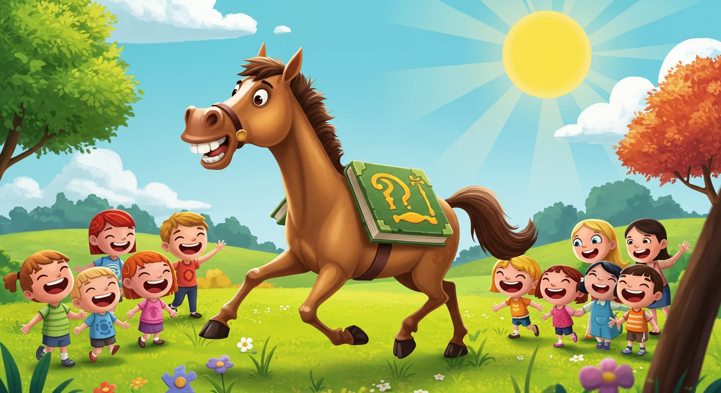 125+ Horse Riddles & Answers: Neigh-sayer Fun 1 Cartoon brown horse carrying a green question book surrounded by happy children in a sunny meadow