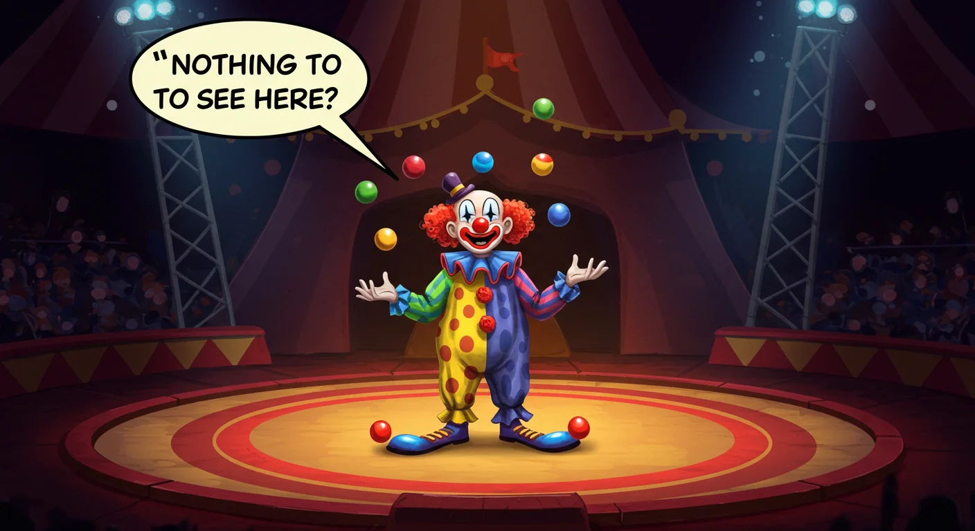 Colorful circus clown juggling in spotlight on center stage with speech bubble saying "Nothing to see here?"