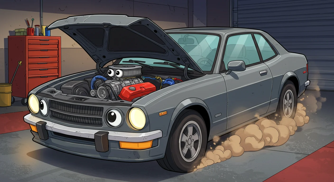 150+ Fun Car Riddles with Answers to Solve On the Go 3 Gray classic car with open hood showing animated engine components in a garage setting