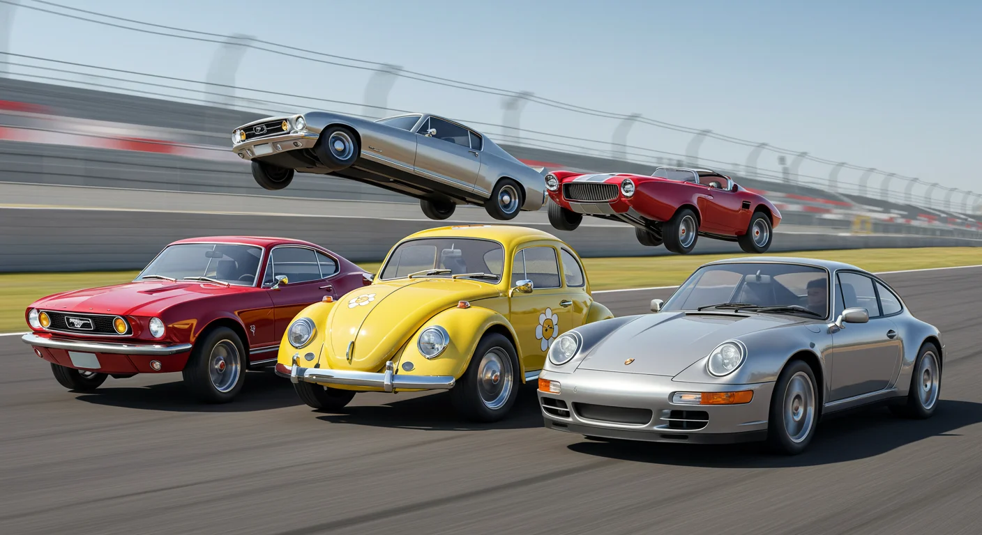 150+ Fun Car Riddles with Answers to Solve On the Go 4 Collection of classic cars racing and jumping on a racetrack including Mustang, Beetle, and Porsche