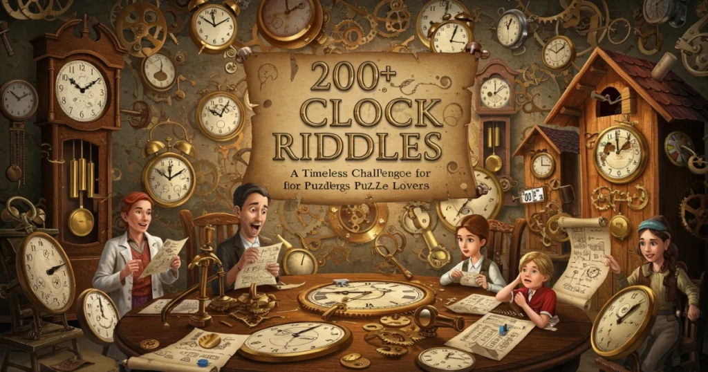 Family-friendly clock riddles puzzle game illustration showing diverse people solving time-based riddles around a table filled with clocks, gears, and puzzle sheets