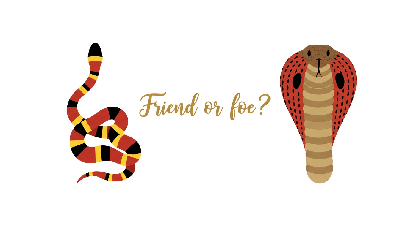 125+ Snake Riddles from Easy to Venomous (Answers Included!) 2 Illustrated coral snake and cobra with text asking friend or foe