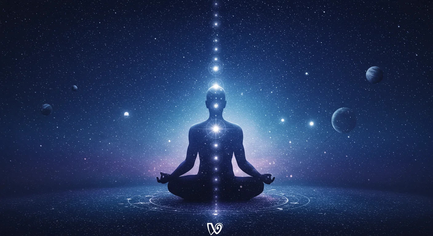 Silhouette of person meditating with glowing chakra points against starry cosmic background with planets