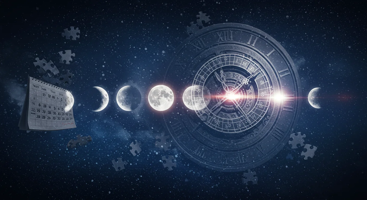 150+ Confusing Riddles and Answers to Stump Your Friends 9 Celestial composition showing moon phases, astrological clock and calendar against starry background