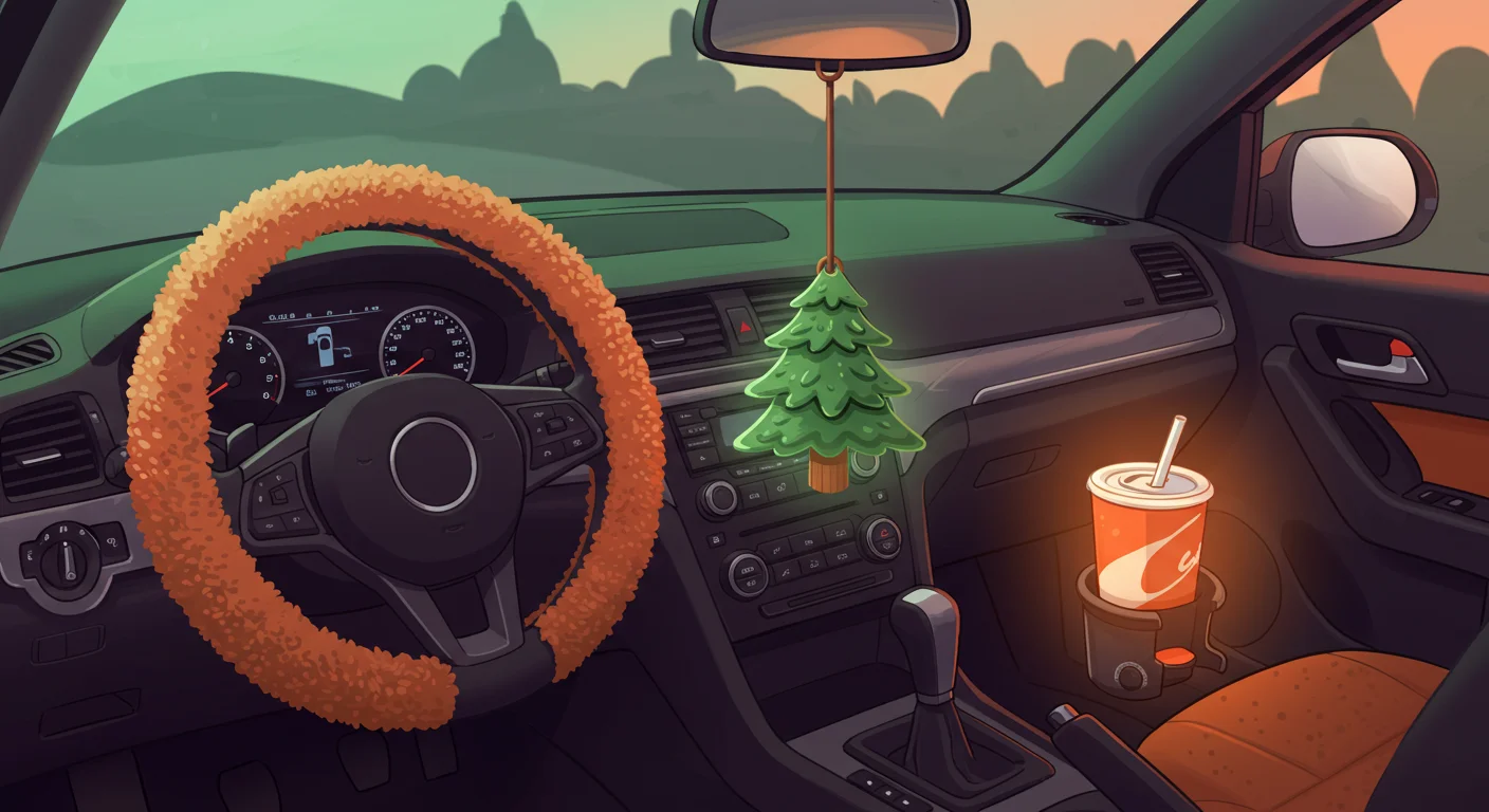 150+ Fun Car Riddles with Answers to Solve On the Go 2 Warm and cozy car interior with fuzzy orange steering wheel cover and pine tree air freshener