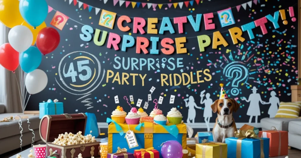 Colorful surprise party setup with balloons, cupcakes, gift boxes, popcorn, and a beagle dog sitting next to a wall sign advertising 45 surprise party riddles.