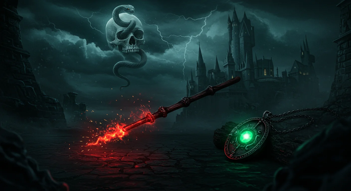 125+ Harry Potter Riddles to Challenge Every Wizarding Fan 8 Magical artifacts including a glowing wand and locket against a stormy castle backdrop with a skull and snake