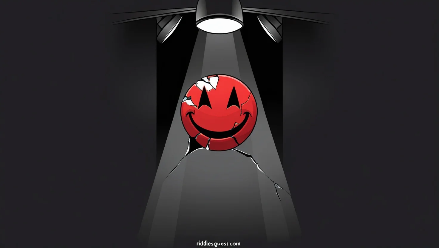 200+ Psychopath Riddles: Creepy Challenges with Answers 5 A cracked red smiley face illuminated by a spotlight against a black background