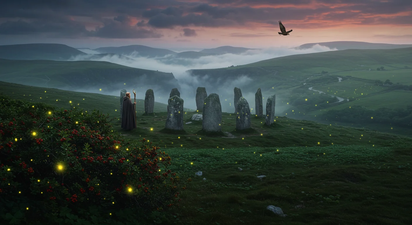 125+ Irish Riddles & Answers: Fun, Folklore, and Celtic Puzzles 5 Person with torch beside standing stones overlooking misty valley at sunrise with floating lights