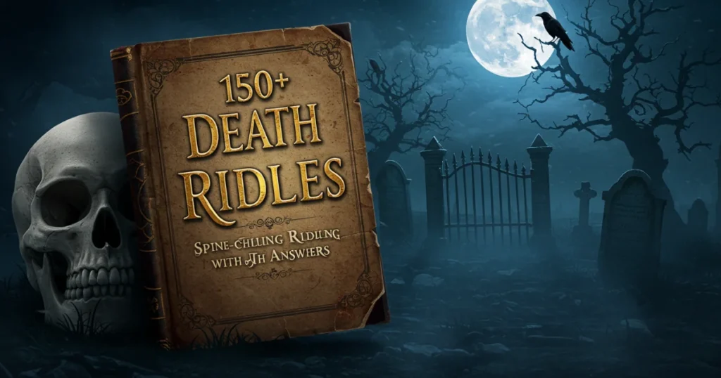 Ancient leather-bound book of 150+ death riddles in a misty cemetery with skull, tombstones, and full moon
